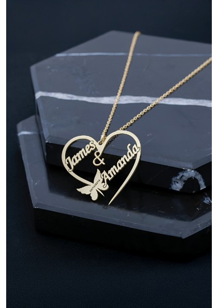 Altın Kaplama Kelebek İsimli Ve Tarihli Gümüş Bayan Kolye