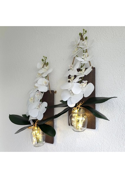 LED Işıklı, Beyaz Islak Orkide Çiçekli Duvar Dekoru Ceviz Ikili Set