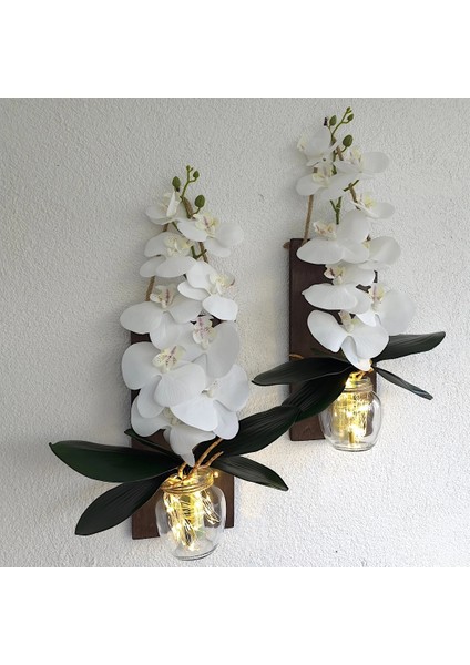 LED Işıklı, Beyaz Islak Orkide Çiçekli Duvar Dekoru Ceviz Ikili Set fiyatları