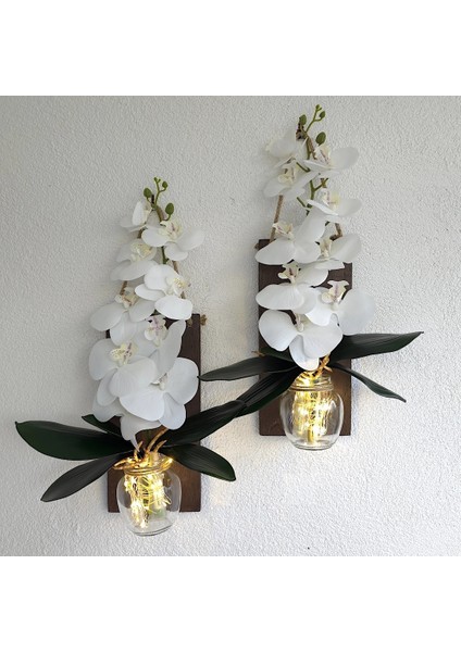 LED Işıklı, Beyaz Islak Orkide Çiçekli Duvar Dekoru Ceviz Ikili Set modelleri