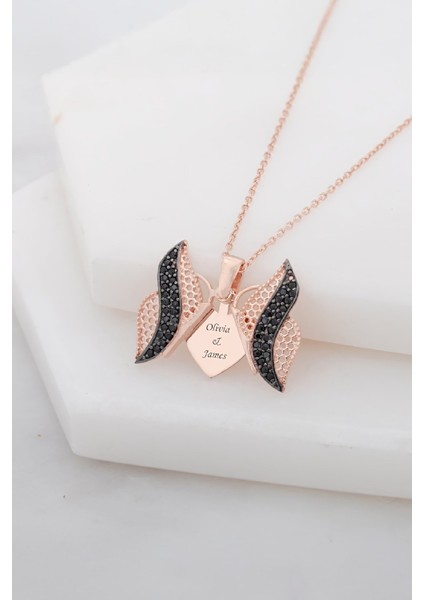 Rose Renk Siyah Zirkon Taşlı İsimli Kelebek Gümüş Bayan Kolye