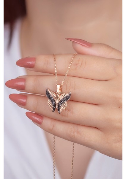 Rose Renk Siyah Zirkon Taşlı İsimli Kelebek Gümüş Bayan Kolye modelleri