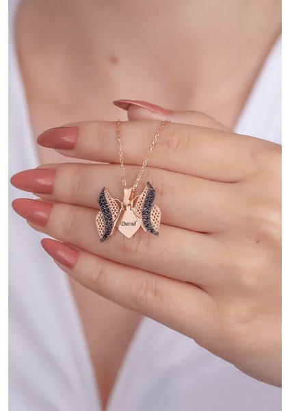 Rose Renk Siyah Zirkon Taşlı İsimli Kelebek Gümüş Bayan Kolye fırsatları