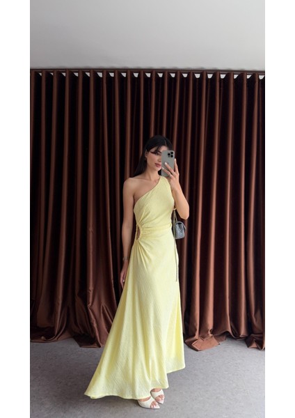 Tek Omuz Bel Detaylı Sarı Elbise