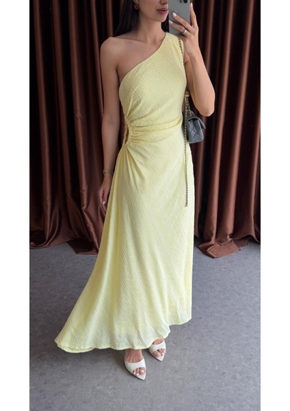 Tek Omuz Bel Detaylı Sarı Elbise fırsatları