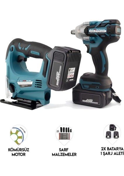 Akülü Kömürsüz 2li Set Ayarlanabilir Dekupaj Testere ve 350NM Somun Sıkma Sökme 36V 5AH (Mavi) EEA429 modelleri