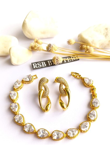 Küpe Sallantılı ve Bileklik Zirkon Taş Altın Kaplama 316 L Çelik 2'li Set