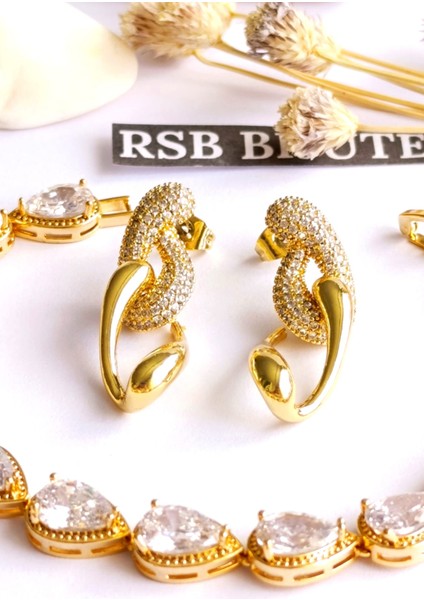 Küpe Sallantılı ve Bileklik Zirkon Taş Altın Kaplama 316 L Çelik 2'li Set fiyatları