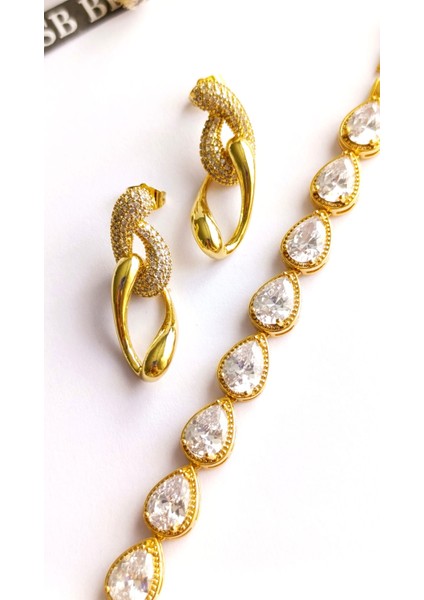 Küpe Sallantılı ve Bileklik Zirkon Taş Altın Kaplama 316 L Çelik 2'li Set modelleri