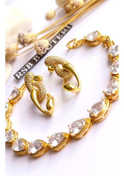 Küpe Sallantılı ve Bileklik Zirkon Taş Altın Kaplama 316 L Çelik 2'li Set fırsatları