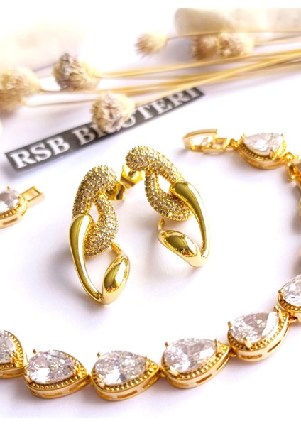 Küpe Sallantılı ve Bileklik Zirkon Taş Altın Kaplama 316 L Çelik 2'li Set indirimleri