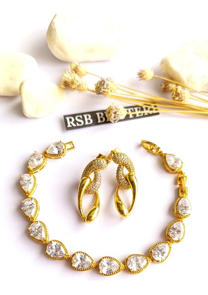 Küpe Sallantılı ve Bileklik Zirkon Taş Altın Kaplama 316 L Çelik 2'li Set