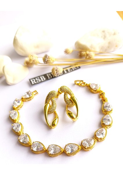 Küpe Sallantılı ve Bileklik Zirkon Taş Altın Kaplama 316 L Çelik 2'li Set