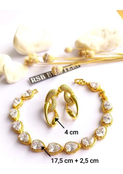Küpe Sallantılı ve Bileklik Zirkon Taş Altın Kaplama 316 L Çelik 2'li Set