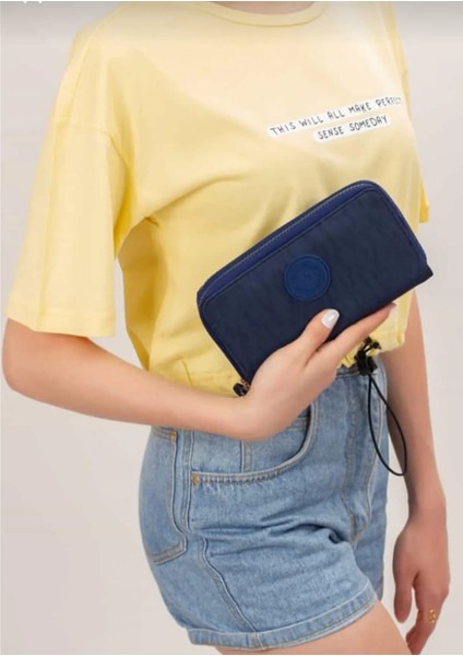 Krinkıl Kumaş Lacivert Çift Gözlü Büyük Boy Cüzdan