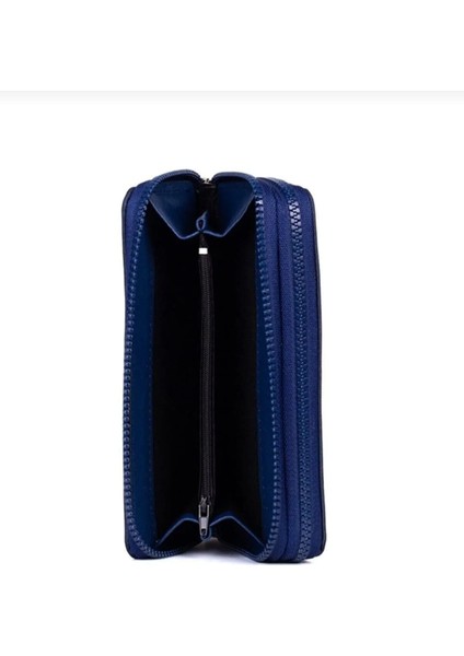 Krinkıl Kumaş Lacivert Çift Gözlü Büyük Boy Cüzdan modelleri