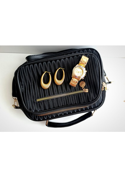 Küpe Oval, Çanta ve Saat Altın Kaplama 316 L Çelik 3'lü Set fırsatları