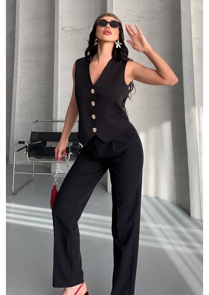 Kadın Alt Üst Takım Şık Gold Düğme Detaylı V Yaka Yelek Pantolon Takım
