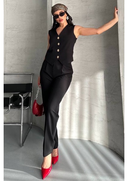 Kadın Alt Üst Takım Şık Gold Düğme Detaylı V Yaka Yelek Pantolon Takım fiyatları