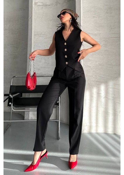 Kadın Alt Üst Takım Şık Gold Düğme Detaylı V Yaka Yelek Pantolon Takım modelleri