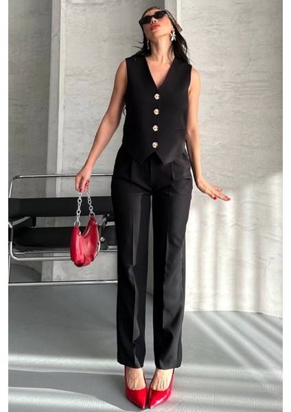 Kadın Alt Üst Takım Şık Gold Düğme Detaylı V Yaka Yelek Pantolon Takım fırsatları