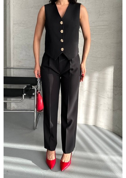 Kadın Alt Üst Takım Şık Gold Düğme Detaylı V Yaka Yelek Pantolon Takım