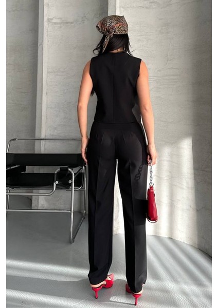 Kadın Alt Üst Takım Şık Gold Düğme Detaylı V Yaka Yelek Pantolon Takım