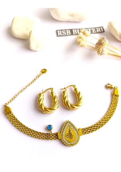 Küpe Oval ve Bileklik Nazar Boncuk Altın Kaplama 316 L Çelik 2'li Set
