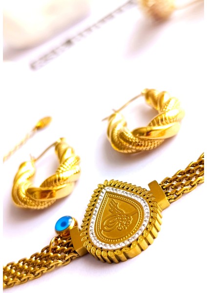 Küpe Oval ve Bileklik Nazar Boncuk Altın Kaplama 316 L Çelik 2'li Set fiyatları