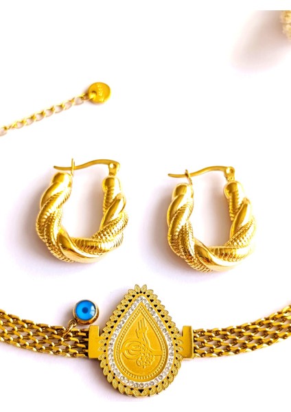 Küpe Oval ve Bileklik Nazar Boncuk Altın Kaplama 316 L Çelik 2'li Set modelleri