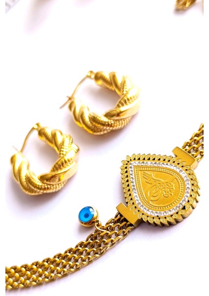 Küpe Oval ve Bileklik Nazar Boncuk Altın Kaplama 316 L Çelik 2'li Set fırsatları