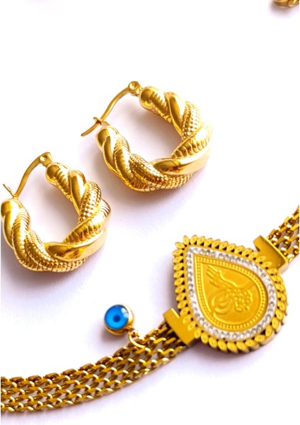 Küpe Oval ve Bileklik Nazar Boncuk Altın Kaplama 316 L Çelik 2'li Set indirimleri