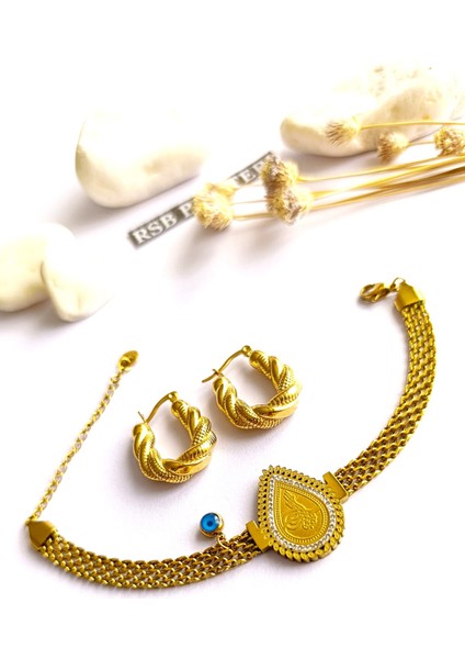 Küpe Oval ve Bileklik Nazar Boncuk Altın Kaplama 316 L Çelik 2'li Set