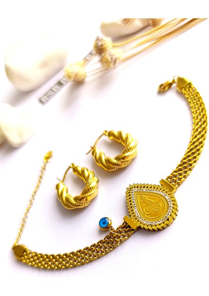 Küpe Oval ve Bileklik Nazar Boncuk Altın Kaplama 316 L Çelik 2'li Set
