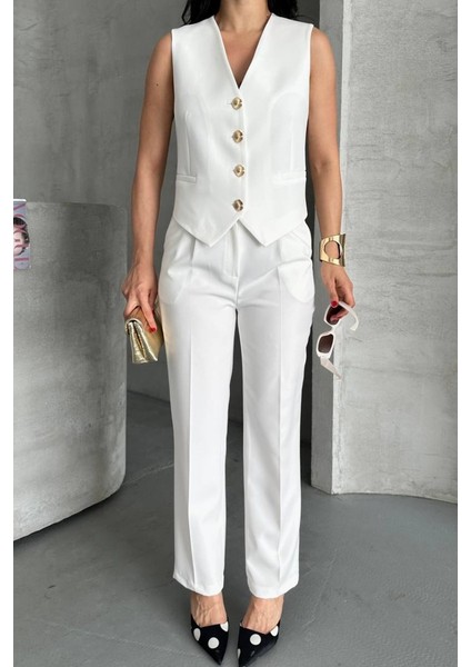 Kadın Alt Üst Takım Şık Gold Düğme Detaylı V Yaka Yelek Pantolon Takım