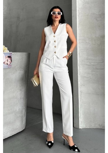 Kadın Alt Üst Takım Şık Gold Düğme Detaylı V Yaka Yelek Pantolon Takım