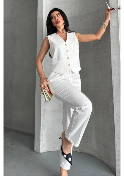 Kadın Alt Üst Takım Şık Gold Düğme Detaylı V Yaka Yelek Pantolon Takım fiyatları