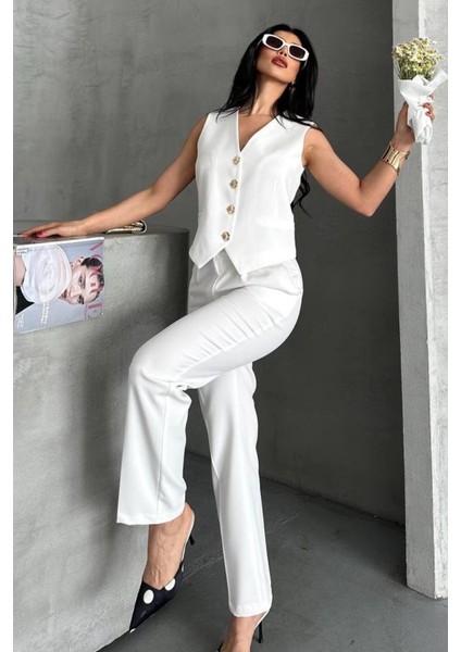 Kadın Alt Üst Takım Şık Gold Düğme Detaylı V Yaka Yelek Pantolon Takım modelleri