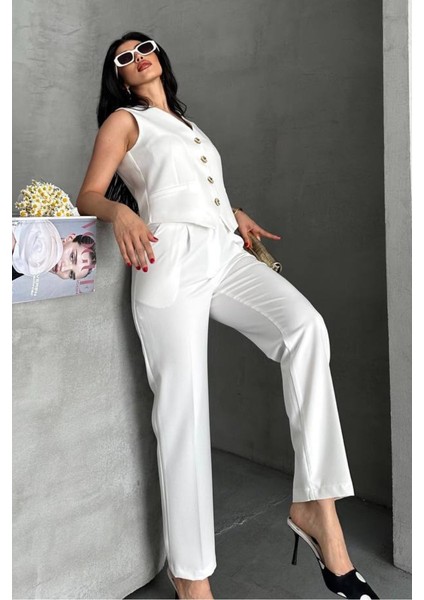 Kadın Alt Üst Takım Şık Gold Düğme Detaylı V Yaka Yelek Pantolon Takım fırsatları