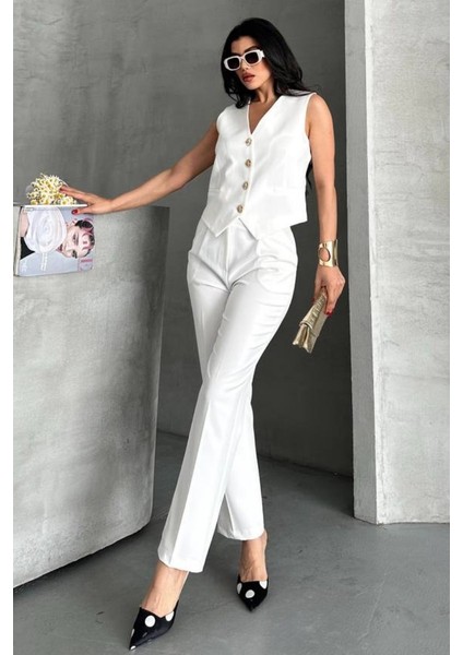 Kadın Alt Üst Takım Şık Gold Düğme Detaylı V Yaka Yelek Pantolon Takım indirimleri