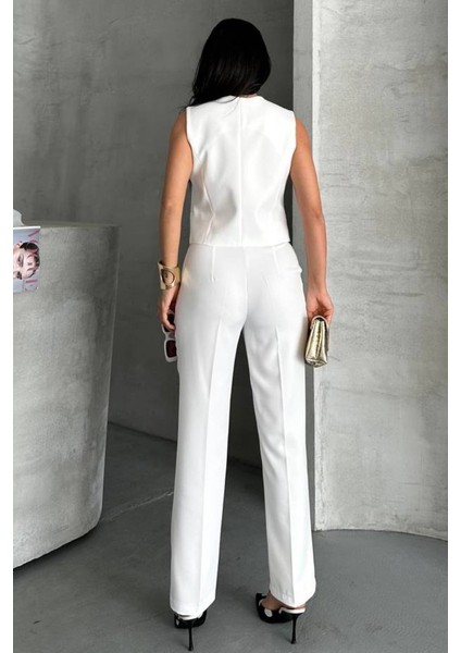 Kadın Alt Üst Takım Şık Gold Düğme Detaylı V Yaka Yelek Pantolon Takım