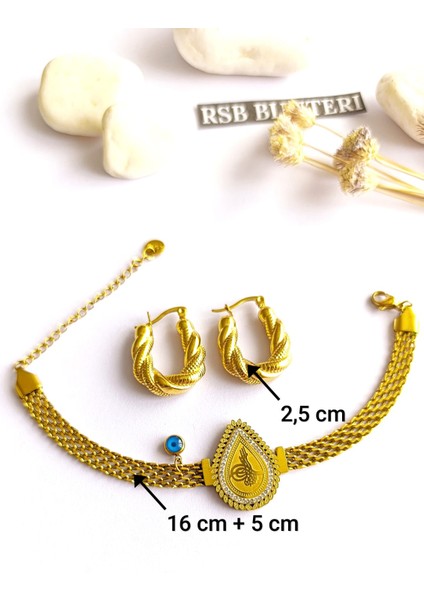 Küpe Oval ve Bileklik Nazar Boncuk Altın Kaplama 316 L Çelik 2'li Set