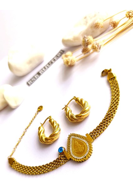 Küpe Oval ve Bileklik Nazar Boncuk Altın Kaplama 316 L Çelik 2'li Set