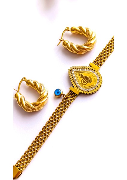 Küpe Oval ve Bileklik Nazar Boncuk Altın Kaplama 316 L Çelik 2'li Set