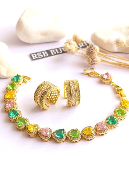 Küpe Halka ve Bileklik Renkli Zirkon Taş Altın Kaplama 316 L Çelik 2'li Set