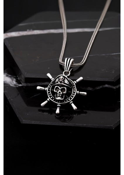 Gümüş Kurukafa Motifli Gemici Dümeni Erkek Kolye