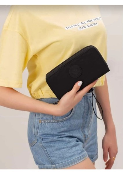 Krinkıl Kumaş Siyah Çift Gözlü Büyük Boy Cüzdan