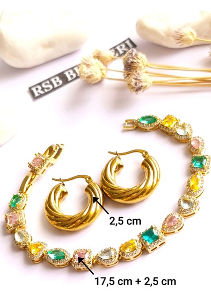 Küpe Halka ve Bileklik Renkli Zirkon Taş Altın Kaplama 316 L Çelik 2'li Set fırsatları