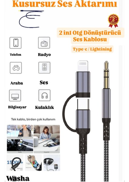 2in1 Type C Iphone Lightning To 3.5mm Aux Ses Kablosu Stereo Destekli 100cm fiyatları