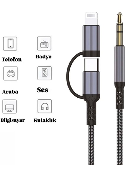 2in1 Type C Iphone Lightning To 3.5mm Aux Ses Kablosu Stereo Destekli 100cm